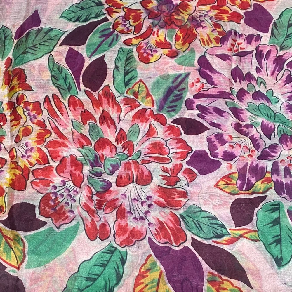 Vibrant Floral Print Scarf Green Pink & Purple Lightweight Botanical Print